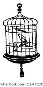 Canary In Cage Where A Canary In A Coal Mine Is An Advanced Warning Of Some Danger, Vintage Line Drawing Or Engraving Illustration.