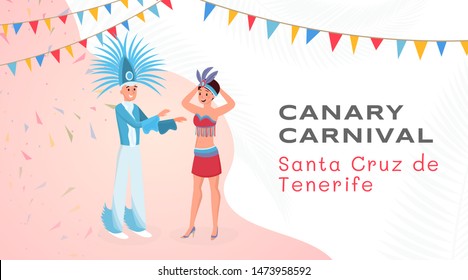 Canary carnival flat banner vector template. Young latino man and woman in beautiful authentic costumes cartoon characters. National latin american party, Santa Cruz de Tenerife holiday poster layout