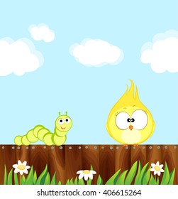 Canary and green caterpillar sitting on a wooden fence. Cartoon bird Vector illustration eps 10