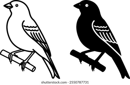 Iconos canarios. Ilustraciones vectoriales blancas y negras. Ave. Para el diseño de libros para colorear. Concepto de animales domésticos