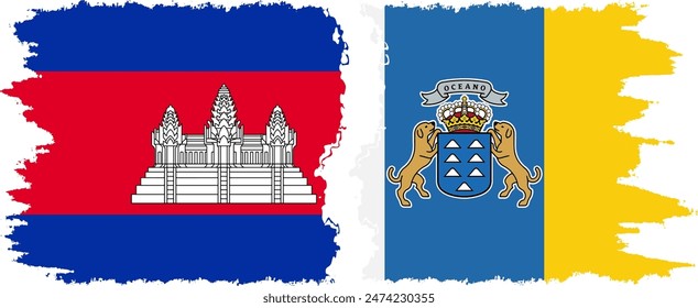 Canary Islands and Cambodia grunge flags connection, vector