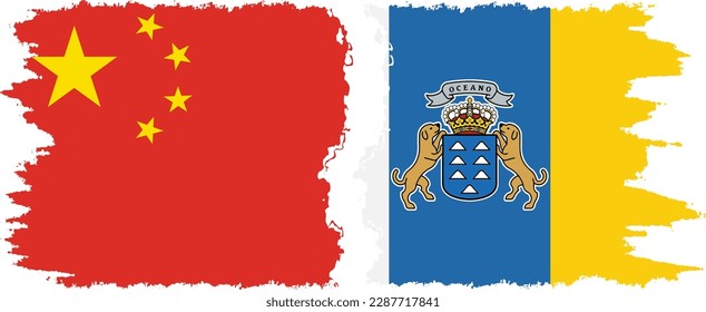 Canary Islands and China grunge flags connection, vector