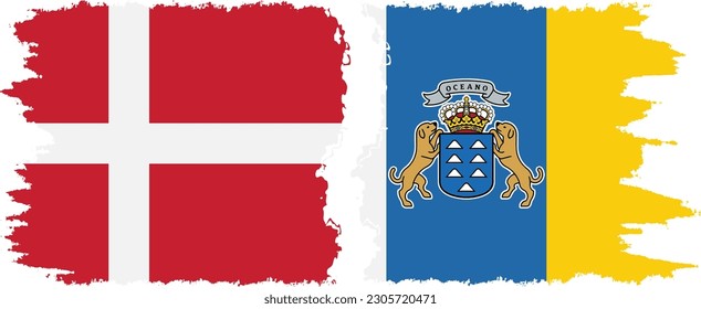 Canary Islands and Denmark grunge flags connection, vector