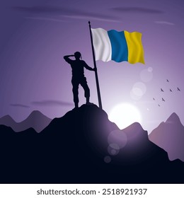 Canary Islands Flag hoisted on a mountain peak with a purplish sunset in the background, vector illustration