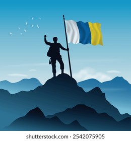 Canary Islands Flag raised on a mountain peak with clear sky in the background, vector illustration
