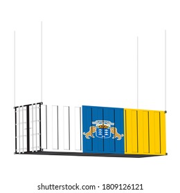 The Canary Islands flag symbol on cargo containers hang by chain, the concept import and export transport business of country.