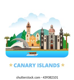 Canary Islands flat cartoon style historic sight web site vector illustration. World vacation travel Africa African collection. Iglesia de la Concepcion Basilica Candelaria Auditorio de Tenerife.