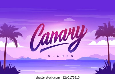 The Canary islands handwriting, background with small island, sandy beach, palms and the ocean. Vector illustration.