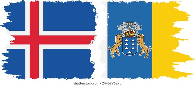 Canary Islands and Iceland grunge flags connection, vector