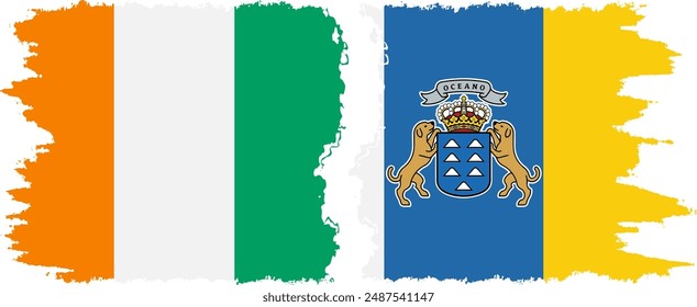 Canary Islands and Ivory Coast grunge flags connection, vector