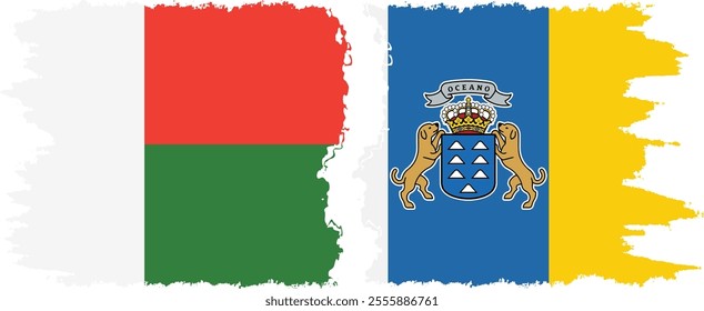 Canary Islands and Madagascar grunge flags connection, vector