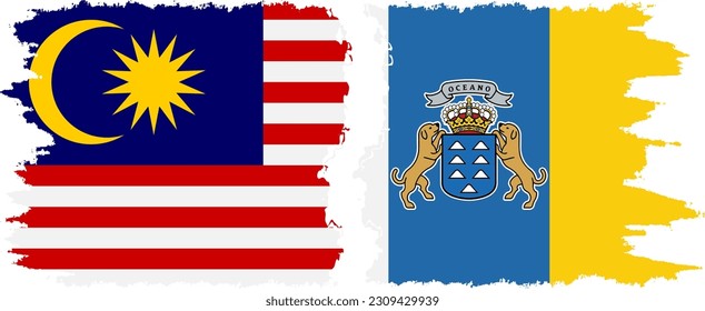 Canary Islands and Malaysia grunge flags connection, vector