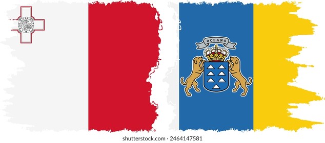 Canary Islands and Malta grunge flags connection, vector