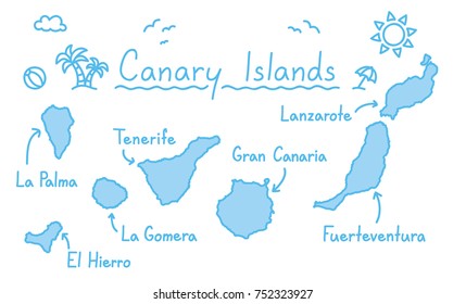 Canary islands map hand drawing doodle outline blue isolated travelling concept