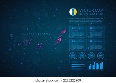 Kanarische Inseln Karte Infografik Vorlage für Diagramm, Grafik, Präsentation und Diagramm mit abstraktem geometrischem Mesh Polygonal Lichtkonzept auf blauem Hintergrund. Vektorgrafik EPS10.
