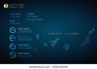 Canary Islands map infographics vector template with abstract geometric mesh polygonal light concept on blue background. Template for diagram, graph, presentation and chart.