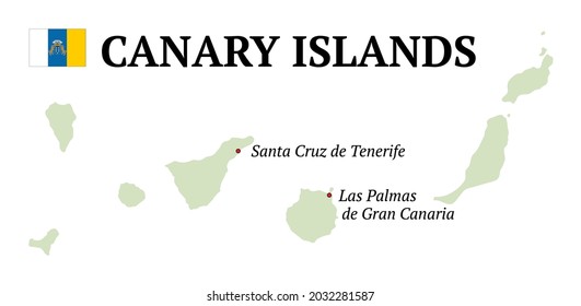 Canary Islands map vector. Autonomous communities of Spain. Flag, capital cities and silhouette of Canary Islands. All isolated on white background. Vector illustration