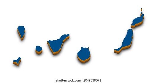 Canary Islands map vector. High detailed administrative 3D map of Canary Islands with dropped shadow. Vector blue isometric silhouette with administrative divisions. All isolated on white background