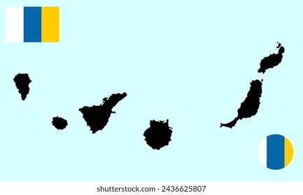 Canary Islands map vector silhouette illustration isolated on background. Canary islands flag.