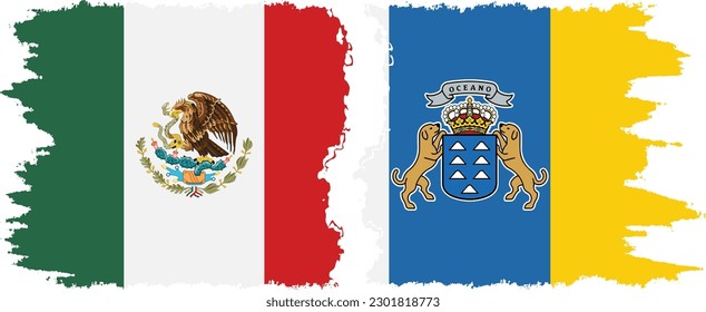 Canary Islands and Mexico grunge flags connection, vector