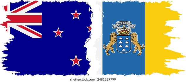 Canary Islands and New Zealand grunge flags connection, vector