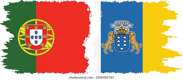 Canary Islands and Portugal grunge flags connection, vector