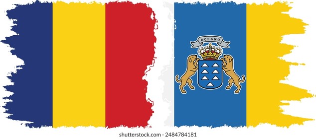 Canary Islands and Romania grunge flags connection, vector