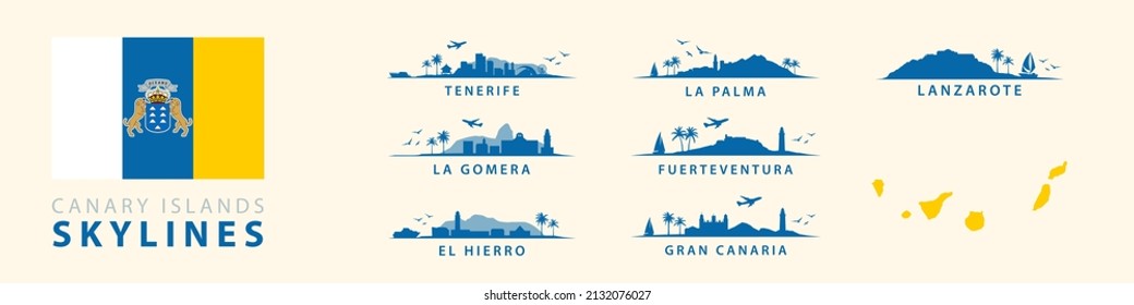 Canary Islands Skylines, Silhouettes of Tenerife, La Palma, Gran Canaria, Fuerteventura, Lanzarote, El Hierro. Spanish Tropical Travel Destinations. Collection of Exotic Landscapes. 