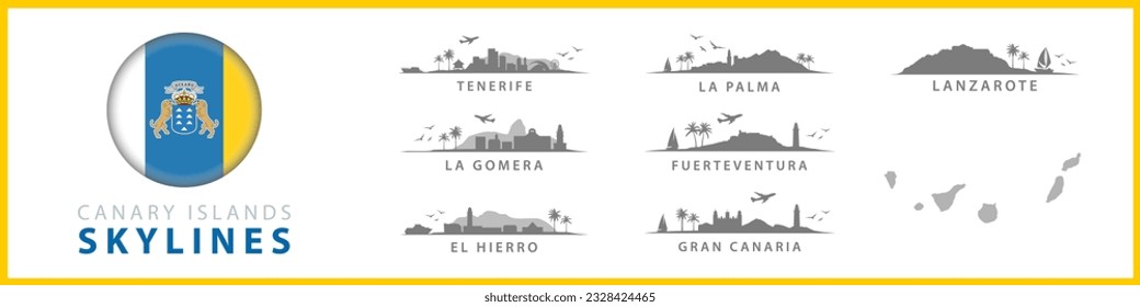 Canary Islands Skylines, Silhouettes of Tenerife, La Palma, Gran Canaria, Fuerteventura, Lanzarote, El Hierro. Spanish Tropical Travel Destinations. Collection of Exotic Landscapes.	