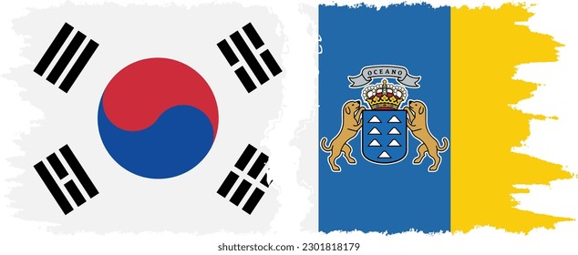 Canary Islands and South Korea grunge flags connection, vector