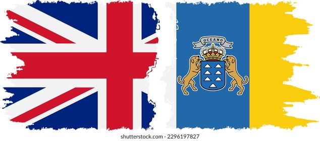 Canary Islands and UK grunge flags connection, vector