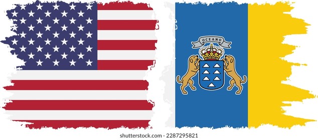 Canary Islands and USA grunge flags connection, vector