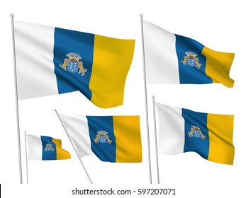 Canary Islands vector flags set. 5 wavy 3D cloth pennants fluttering on the wind. EPS 8 created using gradient meshes isolated on white background. Five flagstaff design elements from world collection