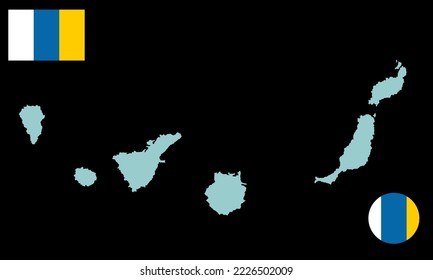 Canary Islands vector map silhouette illustration isolated on background. Canary islands flag.