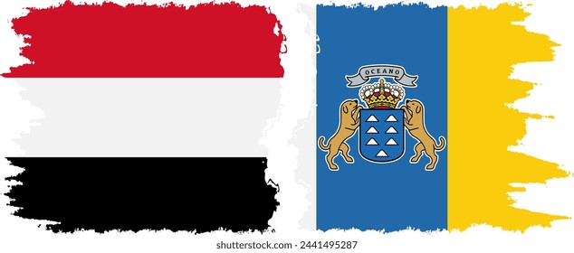 Canary Islands and Yemen grunge flags connection, vector