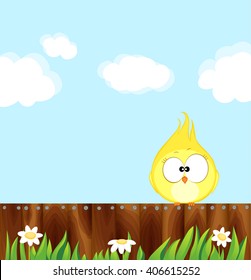 Canary sitting on a wooden fence. Cartoon bird Vector illustration eps 10