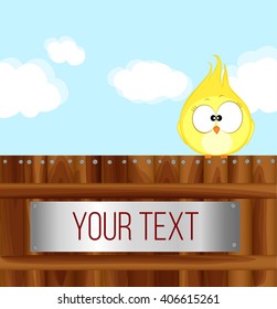 Canary sitting on a wooden fence. Cartoon bird Vector illustration eps 10