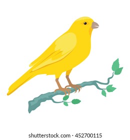 Canary Vector. Domestic Songbird Concept In Flat Style Design. Illustration For Pet Stores Advertising, Childrens Books Illustrating. Beautiful Yellow Canary Bird Seating On Brunch Isolated On White.
