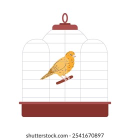 The canary. A vector image of a cute little yellow bird in a cage is isolated on a white background. A colorful element for a design with wildlife.