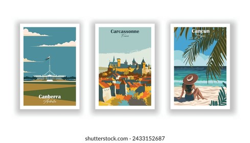 Canberra, Australia. Cancun, Mexico. Carcassonne, France - Set of 3 Vintage Travel Posters. Vector illustration. High Quality Prints svg