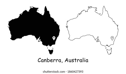 Canberra Australien. Detaillierte Landkarte mit City Location Pin. Schwarze Silhouette und Umrisskarten einzeln auf weißem Hintergrund. EPS-Vektorgrafik