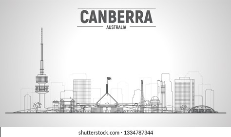 Canberra Australia line skyline with at white background. Vector Illustration. Business travel and tourism concept with modern buildings. Image for presentation, banner, web site.