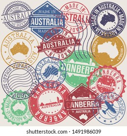Canberra Australia Set of Stamps. Travel Stamp. Made In Product. Design Seals Old Style Insignia.