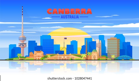 Canberra Australia skyline with panorama in white background. Vector Illustration. Business travel and tourism concept with modern buildings. Image for presentation, banner, web site.