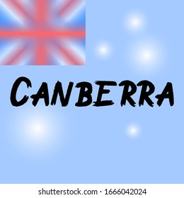 Canberra brush paint hand drawn lettering on background with flag. Capital city of Australia design templates for greeting cards, overlays, posters