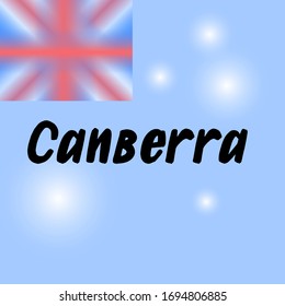 Canberra brush paint hand drawn lettering on background with flag. Capital city of Australia design templates for greeting cards, overlays, posters