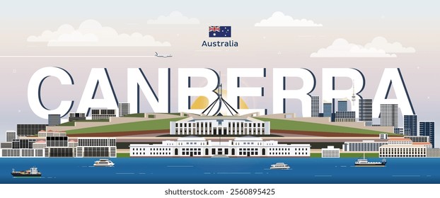 Canberra city skyline colorful vector illustration. Travel poster