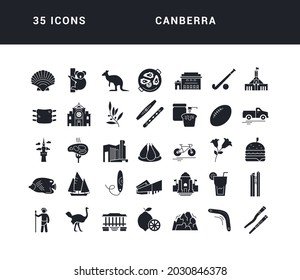 Canberra. Collection of perfectly simple monochrome icons for web design, app, and the most modern projects. Universal pack of classical signs for category Countries and Cities. svg