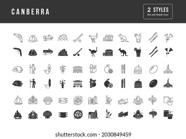 Canberra. Collection of perfectly simple monochrome icons for web design, app, and the most modern projects. Universal pack of classical signs for category Countries and Cities.