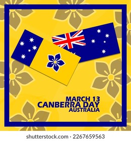Canberra flag and Australian flag with bold text in a frame on a yellow background to commemorate Canberra Day on March 13 in Australia svg